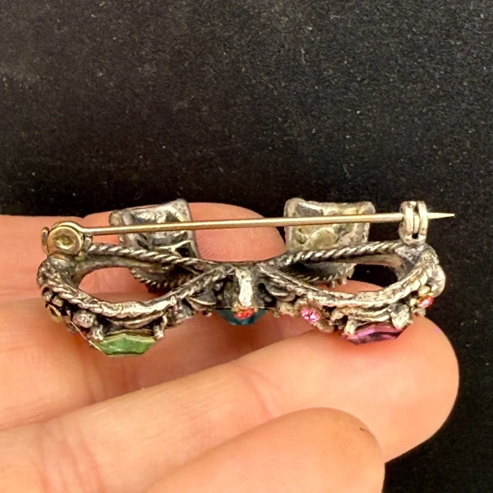 Vintage‎ Pot Metal Bow Brooch Pastel Fruit Salad Rhinestone READ